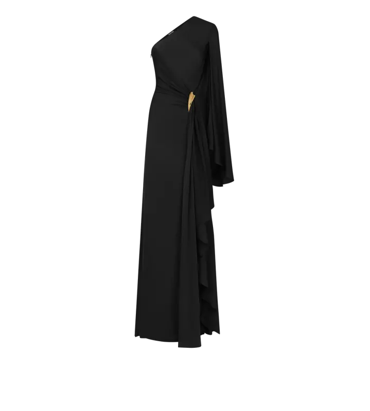 ONE SHOULDER EVENING DRESS WITH CAPE AND LIZA HARDWARE DETAIL online